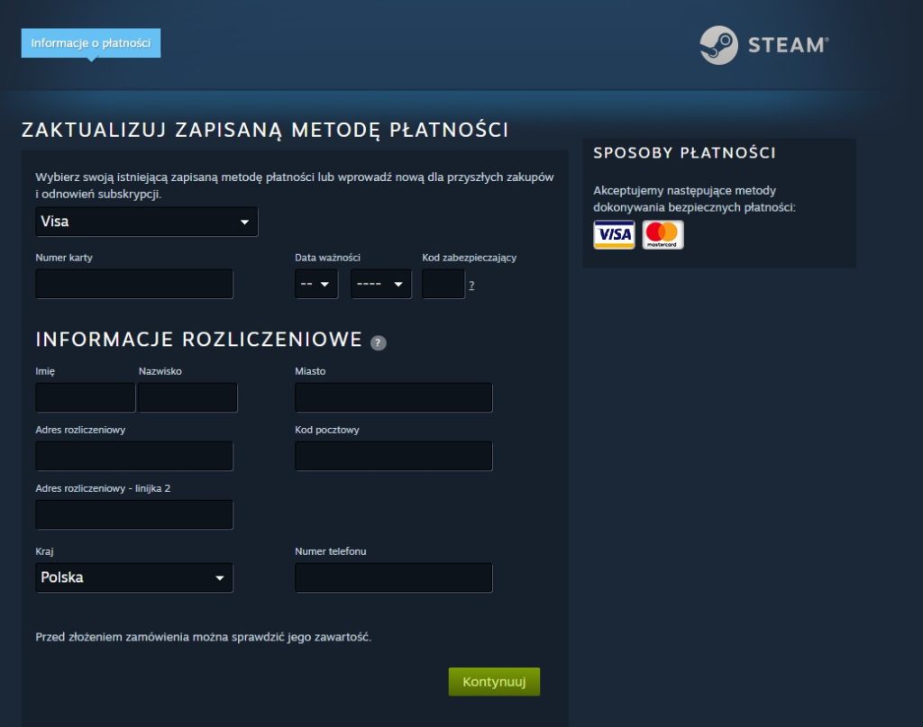Adres rozliczeniowy na Steam